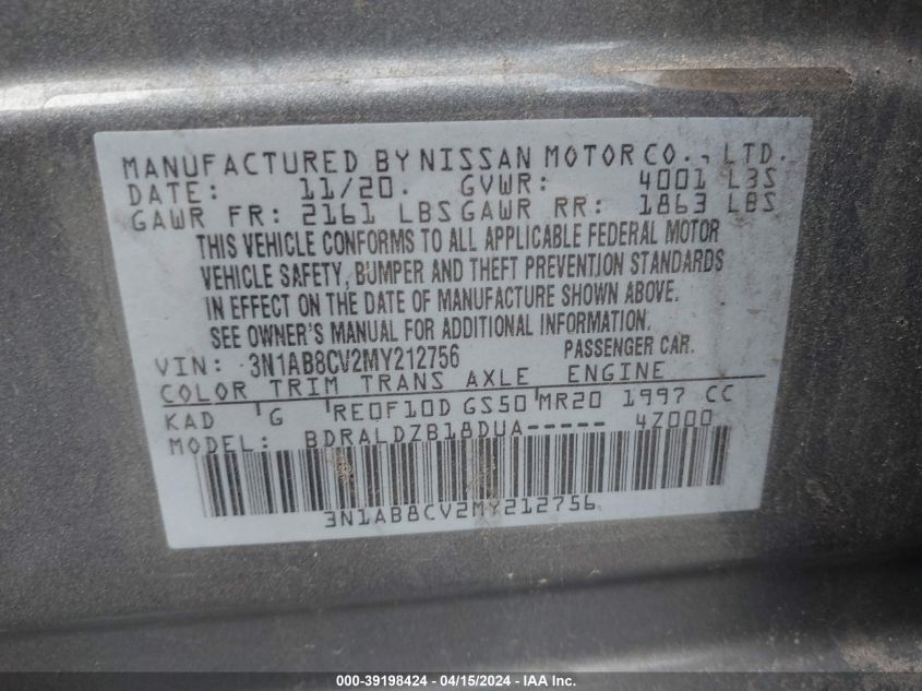 2021 Nissan Sentra Sv Xtronic Cvt VIN: 3N1AB8CV2MY212756 Lot: 40376447