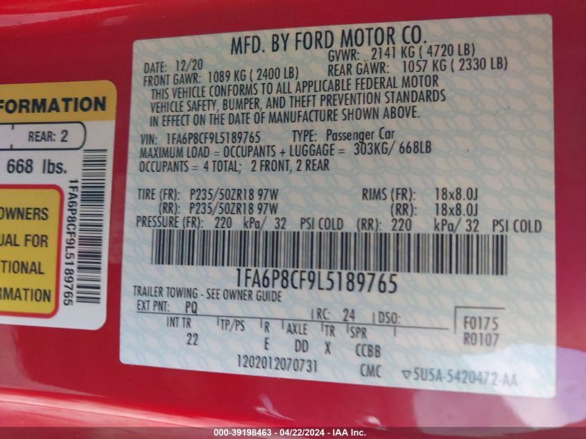 2020 Ford Mustang Gt Fastback VIN: 1FA6P8CF9L5189765 Lot: 39198463