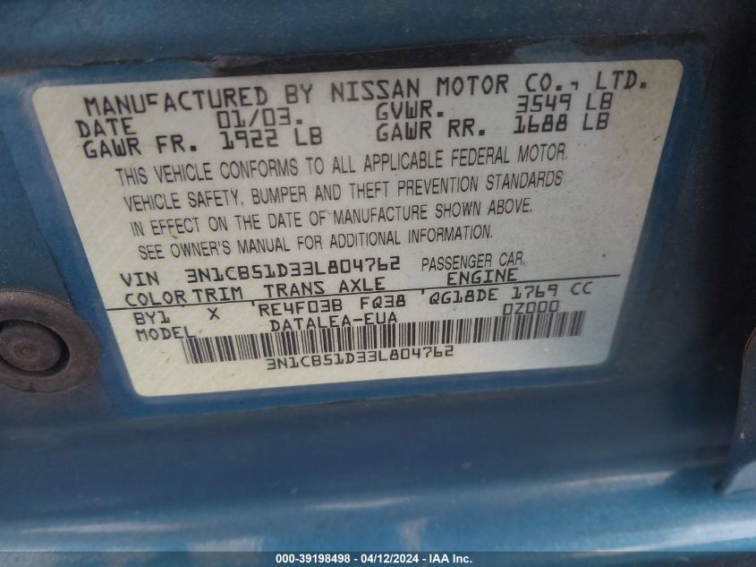 3N1CB51D33L804762 | 2003 NISSAN SENTRA