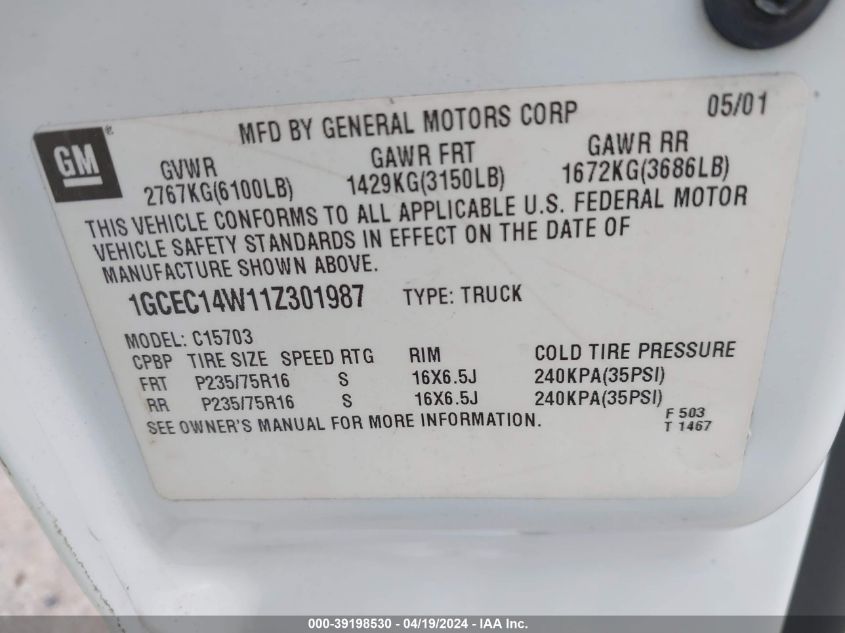 2001 Chevrolet Silverado 1500 VIN: 1GCEC14W11Z301987 Lot: 39198530