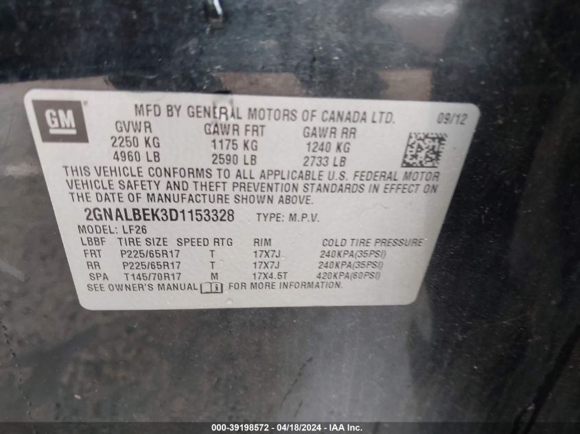 2013 Chevrolet Equinox Ls VIN: 2GNALBEK3D1153328 Lot: 39198572