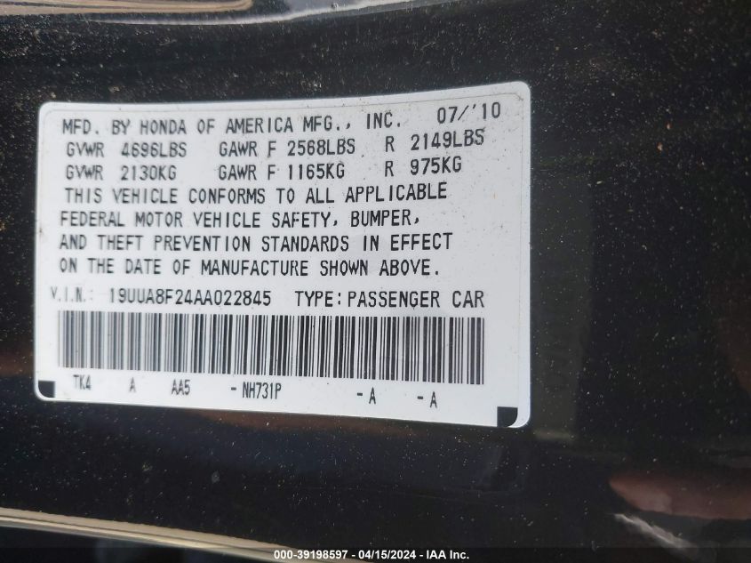 19UUA8F24AA022845 2010 Acura Tl 3.5