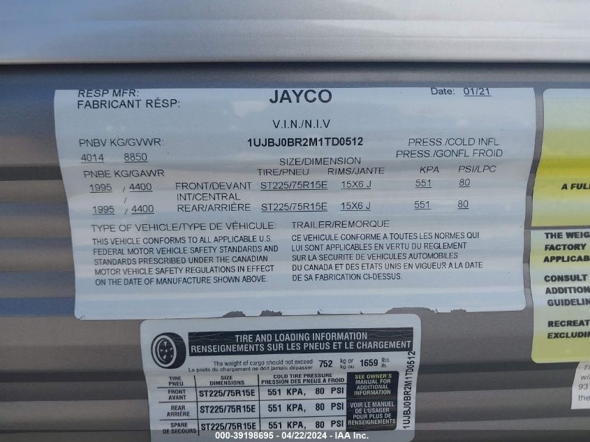 2021 Jayco Jay Flight VIN: 1UJBJ0BR2M1TD0512 Lot: 39198695