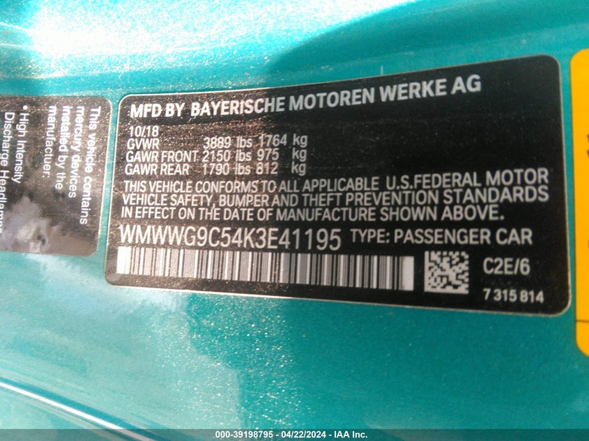2019 MINI CONVERTIBLE VIN: WMWWG9C54K3E41195
