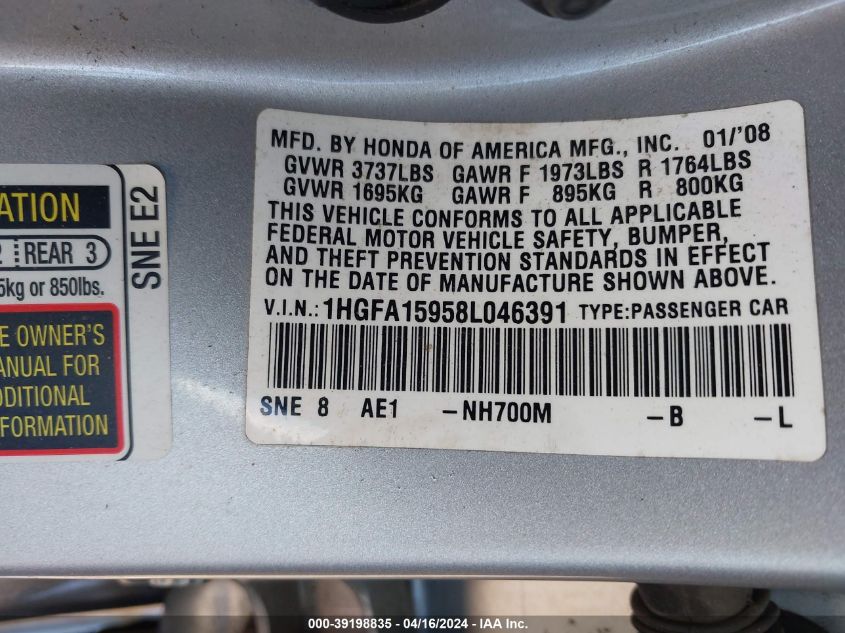 1HGFA15958L046391 | 2008 HONDA CIVIC