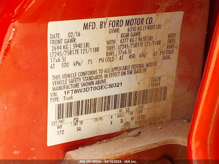 2016 Ford F-350 Lariat VIN: 1FT8W3DT0GEC30321 Lot: 39198960