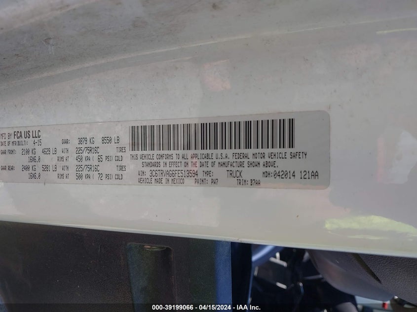 2015 RAM PROMASTER 1500 LOW ROOF - 3C6TRVAG6FE513594