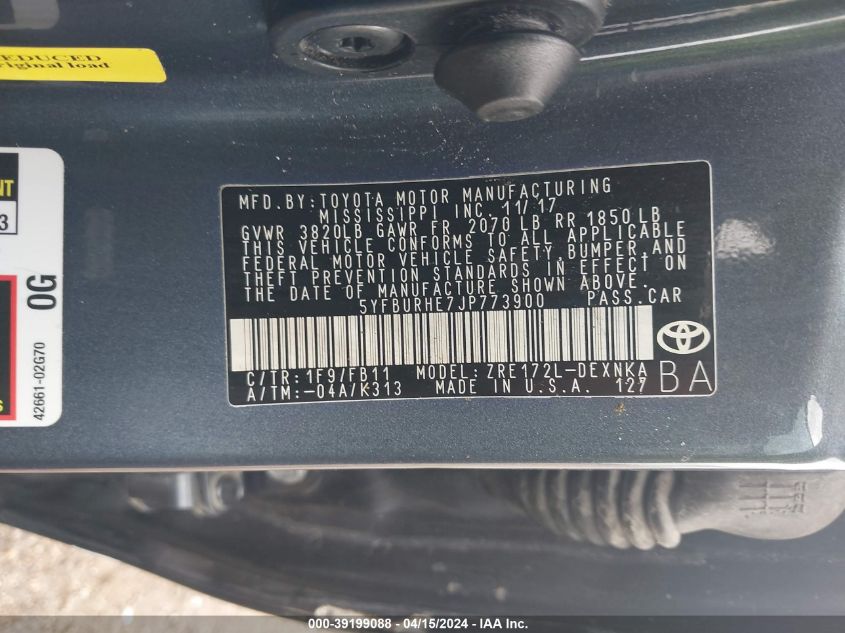 2018 TOYOTA COROLLA LE - 5YFBURHE7JP773900