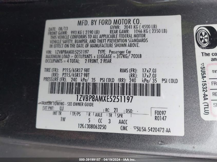 2014 Ford Mustang V6 VIN: 1ZVBP8AMXE5251197 Lot: 39199157