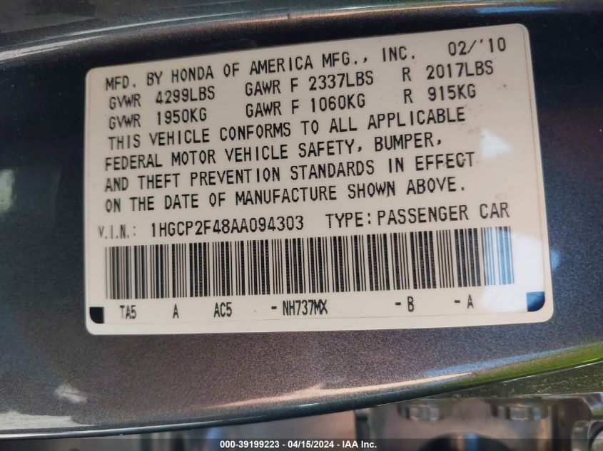 1HGCP2F48AA094303 | 2010 HONDA ACCORD