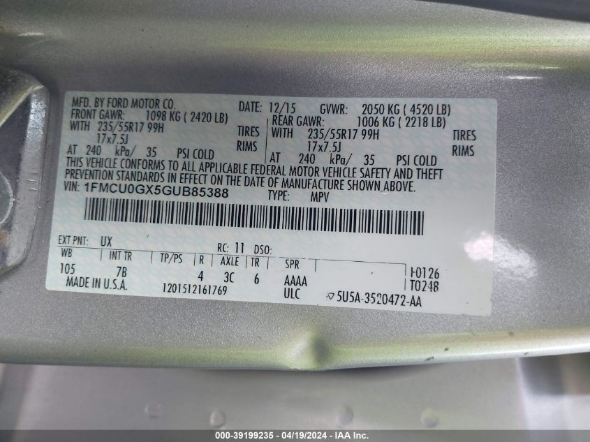 2016 Ford Escape Se VIN: 1FMCU0GX5GUB85388 Lot: 39199235