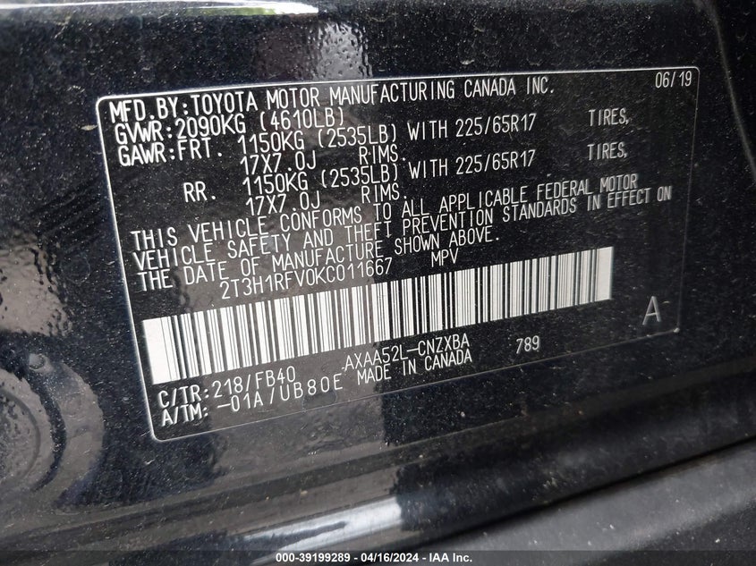 2019 TOYOTA RAV4 LE - 2T3H1RFV0KC011667