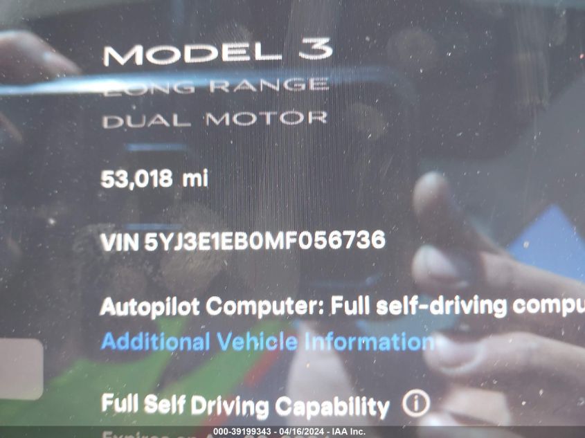 2021 Tesla Model 3 Long Range Dual Motor All-Wheel Drive VIN: 5YJ3E1EB0MF056736 Lot: 39199343