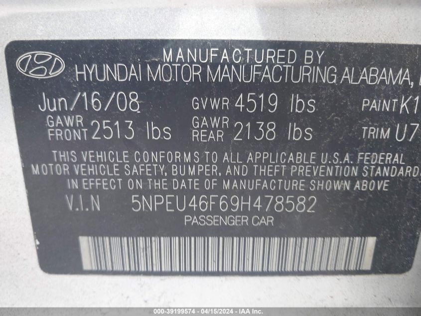 2009 Hyundai Sonata Se V6 VIN: 5NPEU46F69H478582 Lot: 39199574