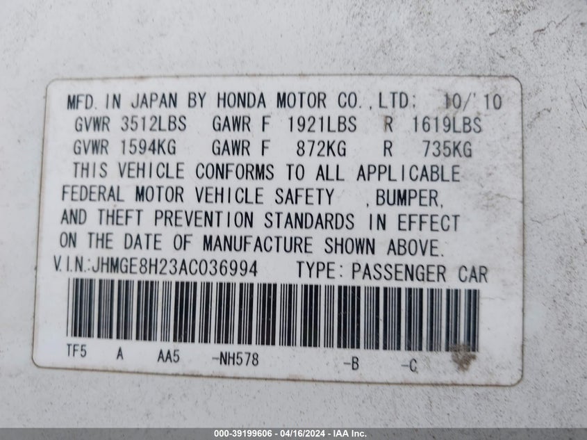 2010 HONDA FIT VIN: JHMGE8H23AC036994