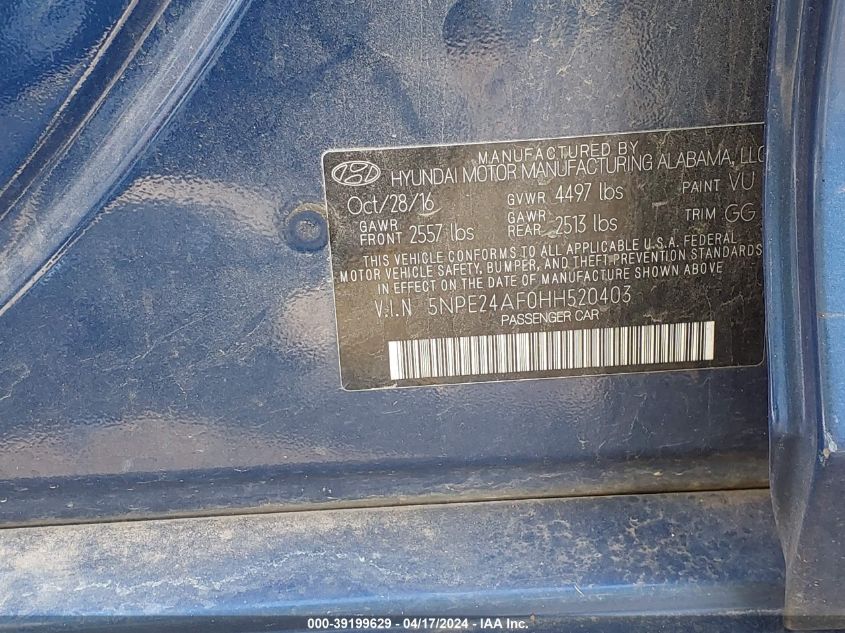 2017 Hyundai Sonata VIN: 5NPE24AF0HH520403 Lot: 39199629