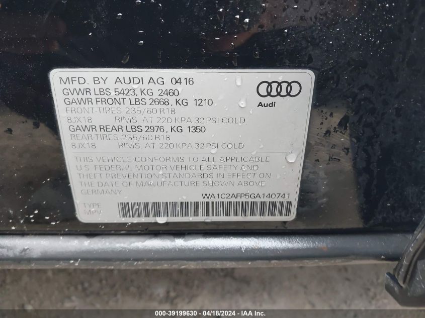 2016 Audi Q5 2.0T Premium VIN: WA1C2AFP5GA140741 Lot: 51782274