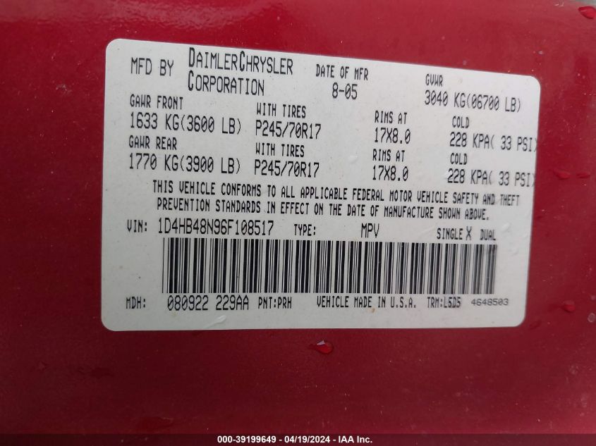 2006 Dodge Durango Slt VIN: 1D4HB48N96F108517 Lot: 39199649