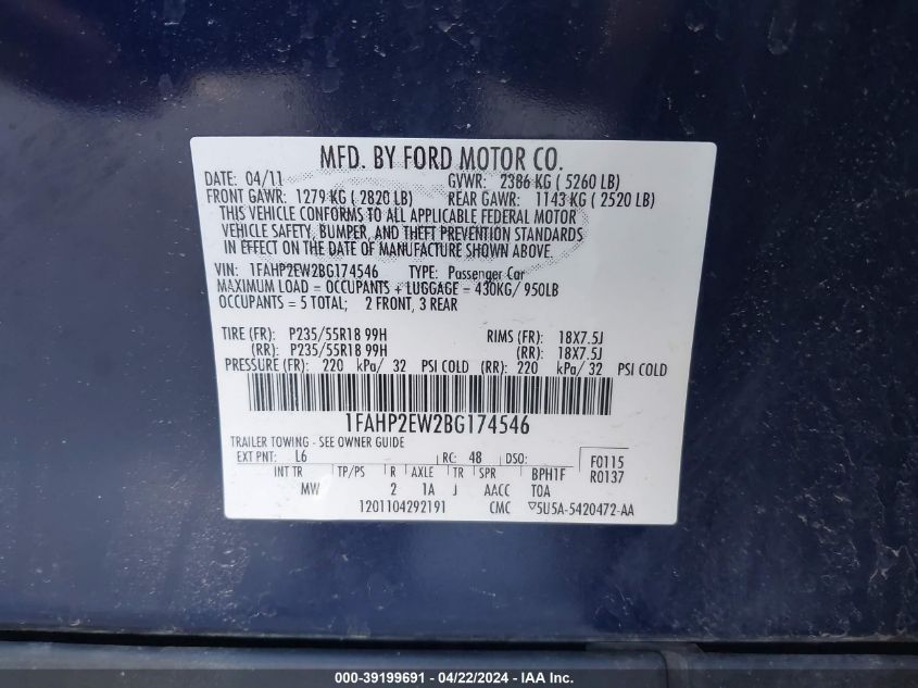 1FAHP2EW2BG174546 2011 Ford Taurus Sel