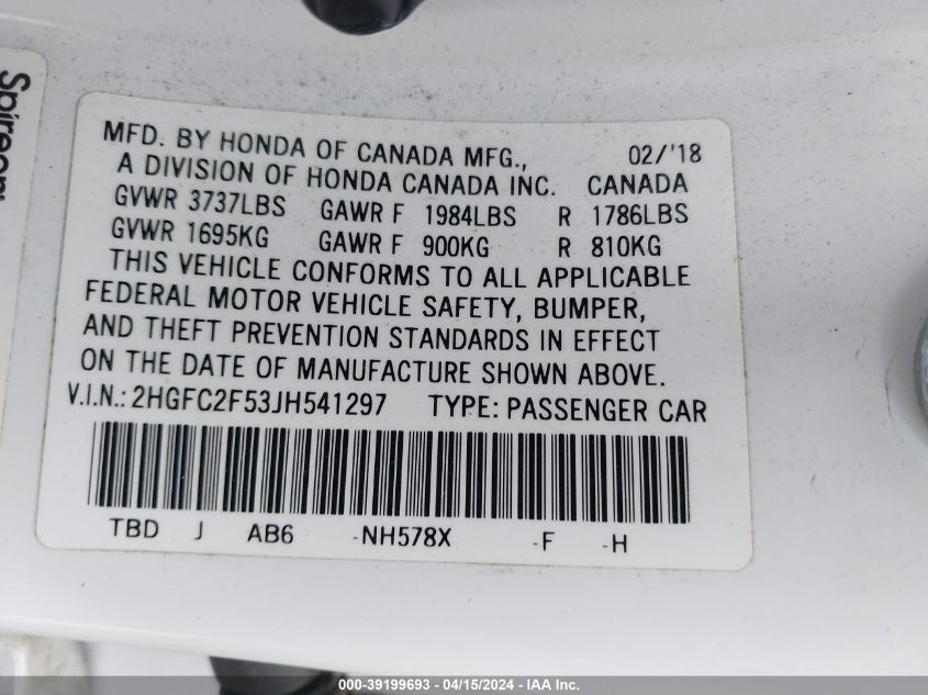 2018 Honda Civic Lx VIN: 2HGFC2F53JH541297 Lot: 39199693