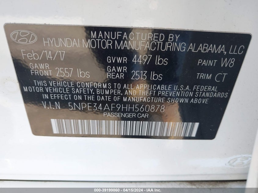 VIN 5NPE34AF9HH560878 2017 HYUNDAI SONATA SPORT