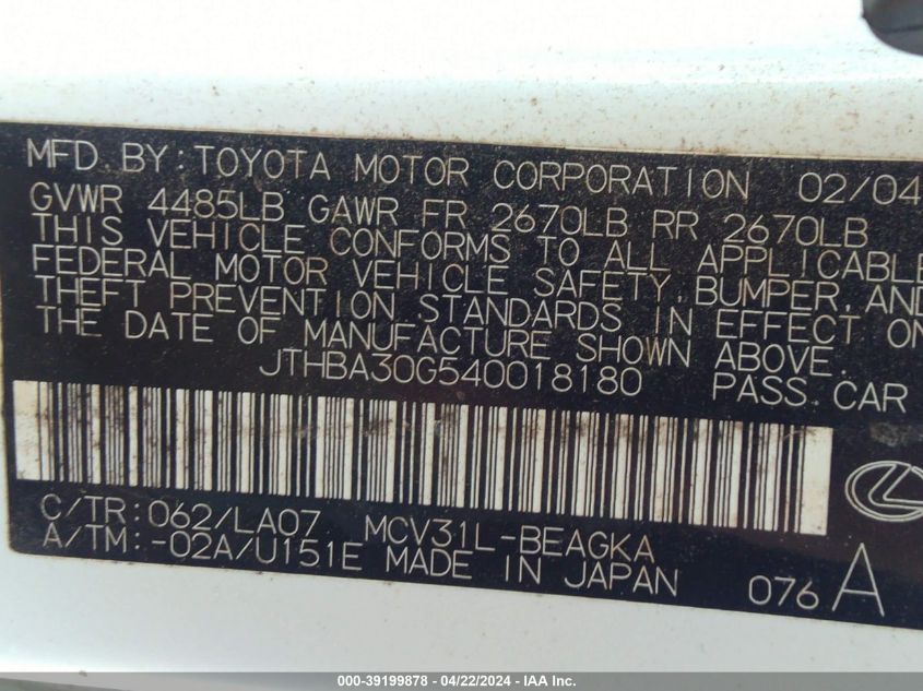 2004 Lexus Es 330 VIN: JTHBA30G540018180 Lot: 39199878