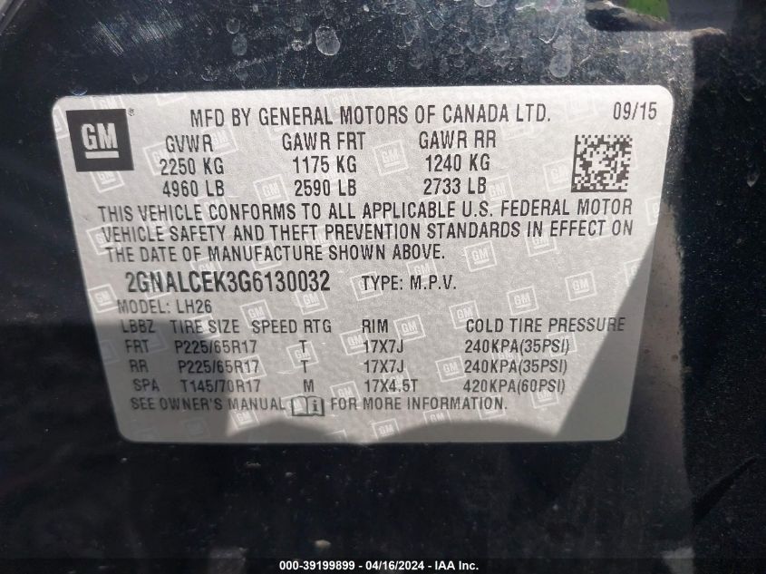 2GNALCEK3G6130032 2016 Chevrolet Equinox Lt