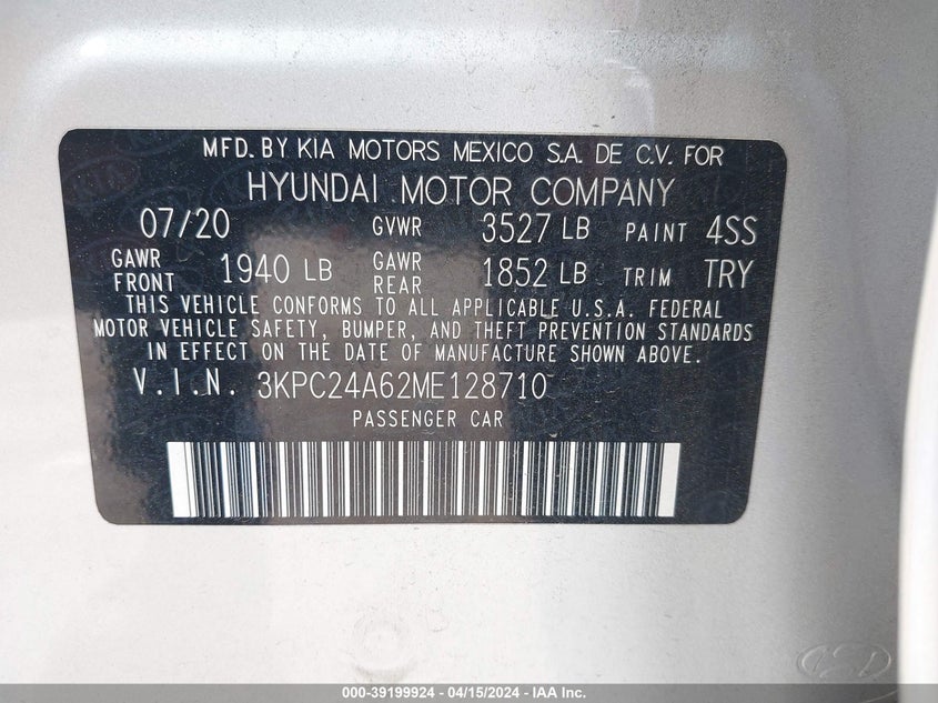VIN 3KPC24A62ME128710 2021 HYUNDAI ACCENT SE/SEL