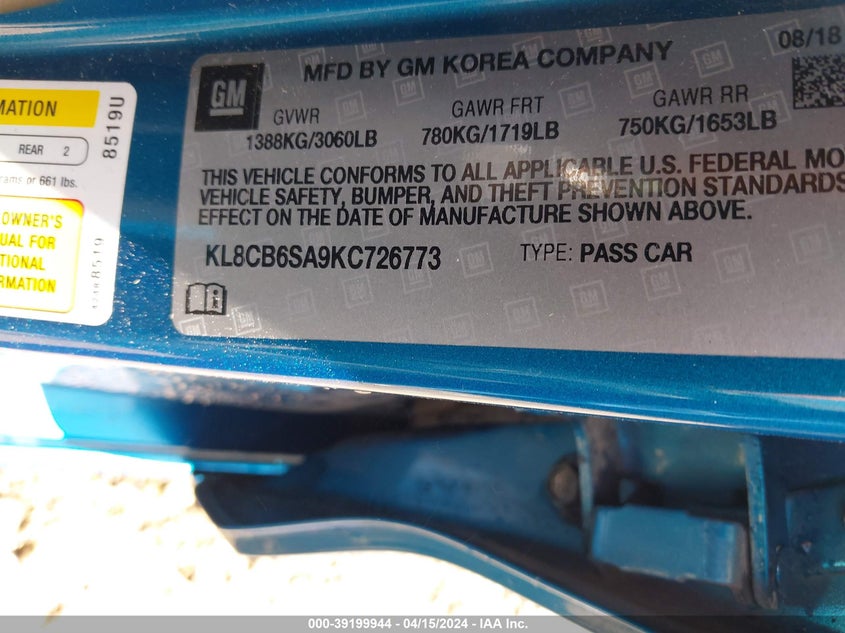 VIN KL8CB6SA9KC726773 2019 CHEVROLET SPARK LS CVT