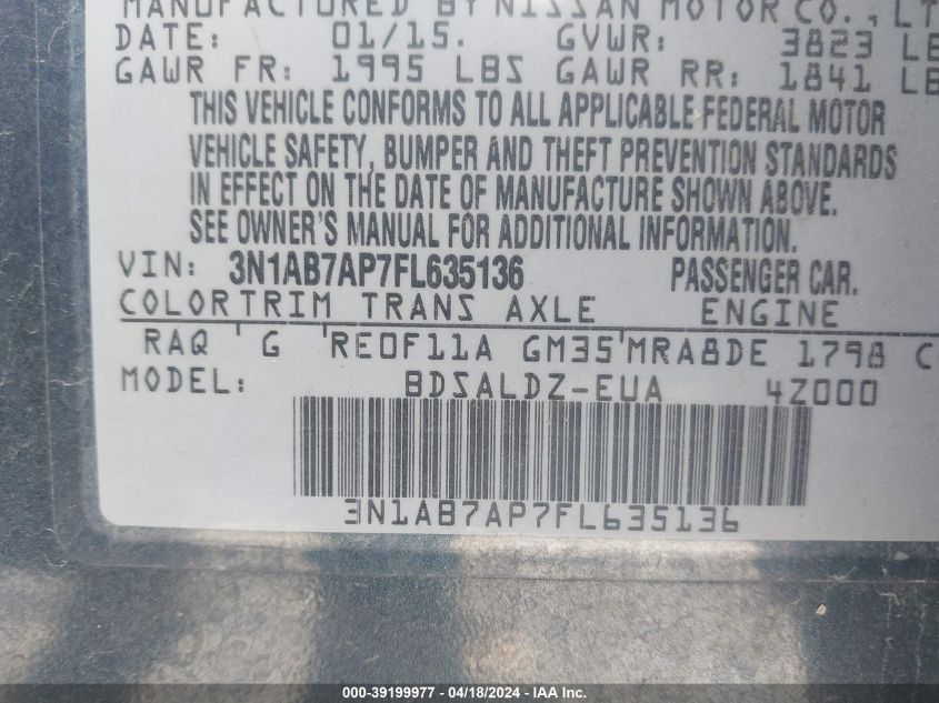 2015 Nissan Sentra Fe+ S/S/Sl/Sr/Sv VIN: 3N1AB7AP7FL635136 Lot: 47553414