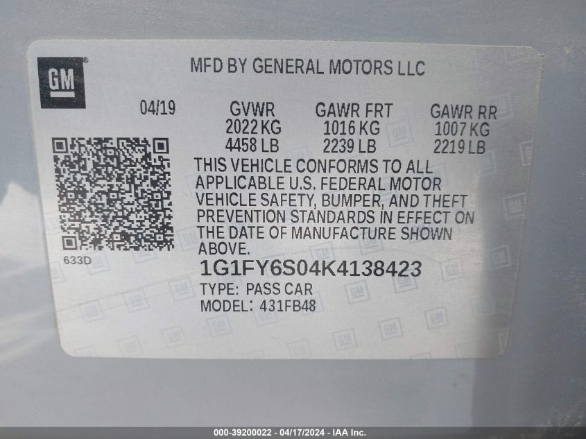 1G1FY6S04K4138423 | 2019 CHEVROLET BOLT EV