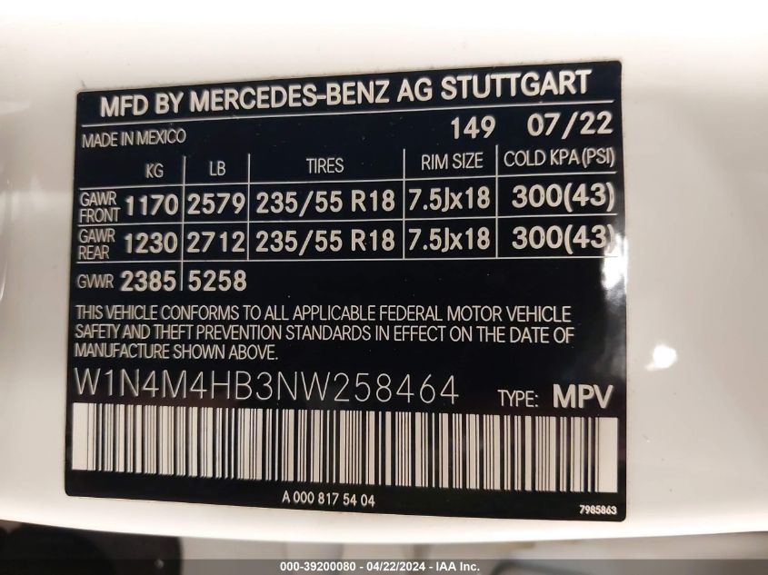 2022 Mercedes-Benz Glb 250 4Matic VIN: W1N4M4HB3NW258464 Lot: 39515934