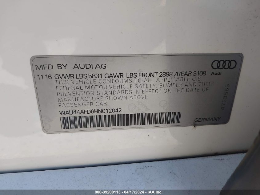 2017 AUDI A8 L 3.0T - WAU44AFD6HN012042