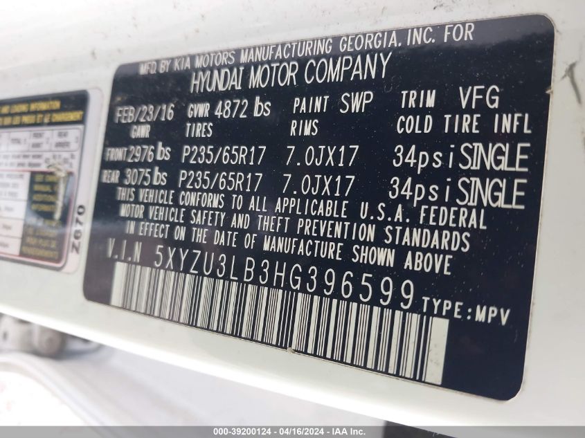 2017 Hyundai Santa Fe Sport 2.4L VIN: 5XYZU3LB3HG396599 Lot: 39200124