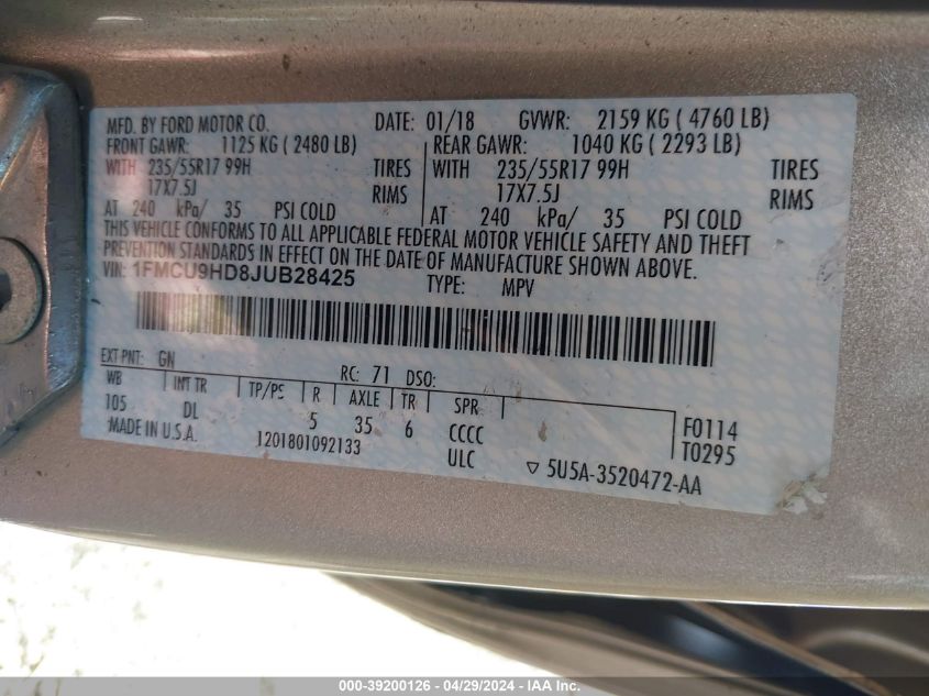 2018 Ford Escape Sel VIN: 1FMCU9HD8JUB28425 Lot: 39200126