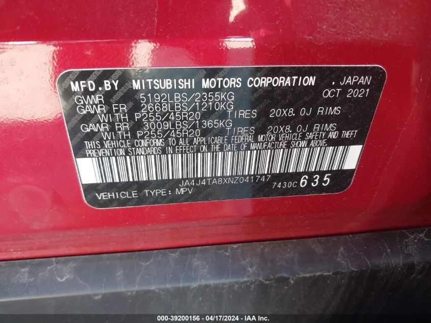 2022 Mitsubishi Outlander Es 2.5 S-Awc VIN: JA4J4TA8XNZ041747 Lot: 39200156