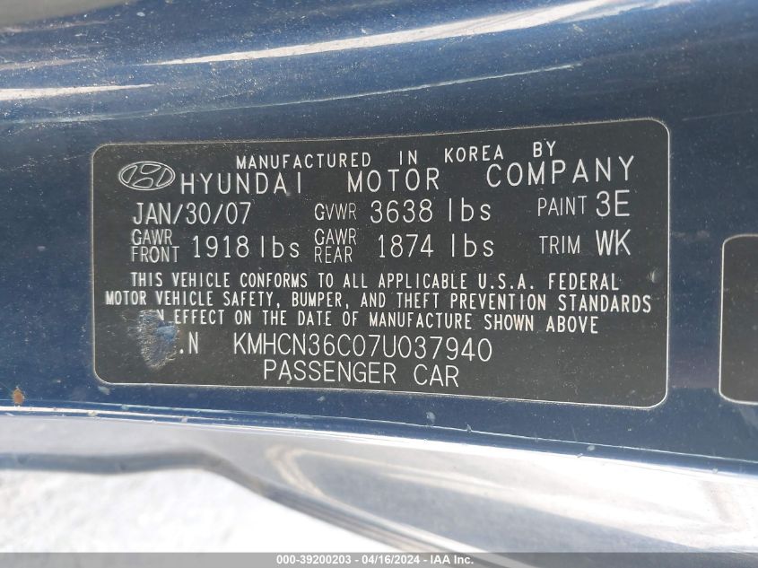 KMHCN36C07U037940 | 2007 HYUNDAI ACCENT