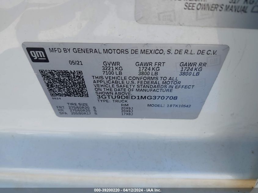 VIN 3GTU9DED1MG370708 2021 GMC SIERRA 1500 no.9