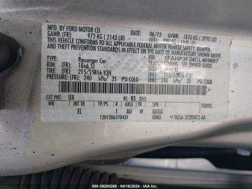 1FAHP3F24CL469867 2012 Ford Focus Se