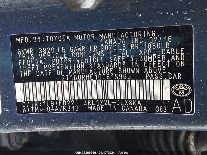 2016 Toyota Corolla S Plus VIN: 2T1BURHE1GC615965 Lot: 39236763