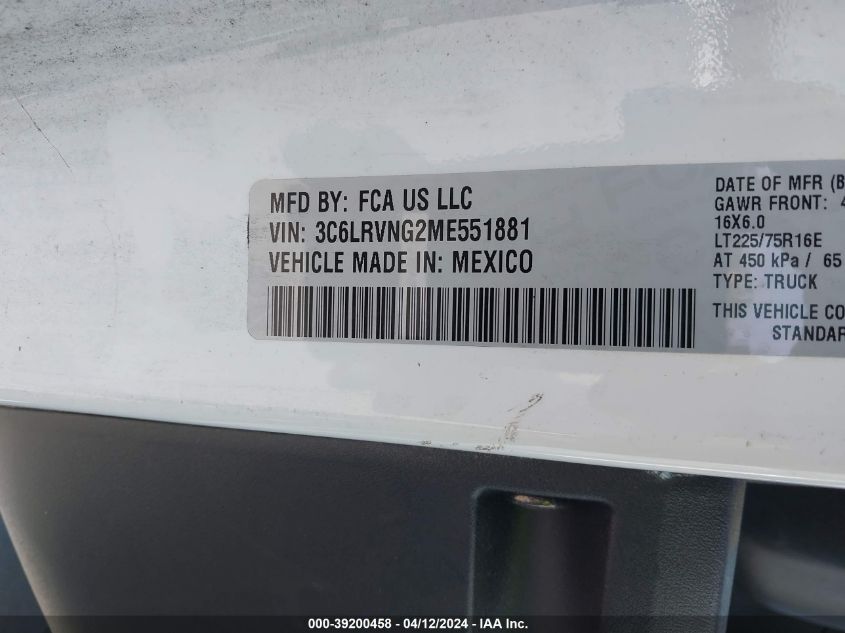 2021 Ram Promaster 1500 Low Roof 118 Wb VIN: 3C6LRVNG2ME551881 Lot: 39200458