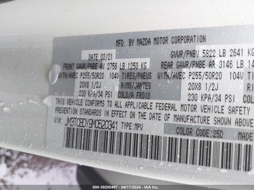 VIN JM3TCBDY9M0520341 2021 MAZDA CX-9 GRAND TOURING
