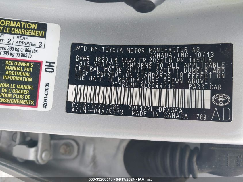 2014 Toyota Corolla S Plus VIN: 2T1BURHEXEC044215 Lot: 39200518