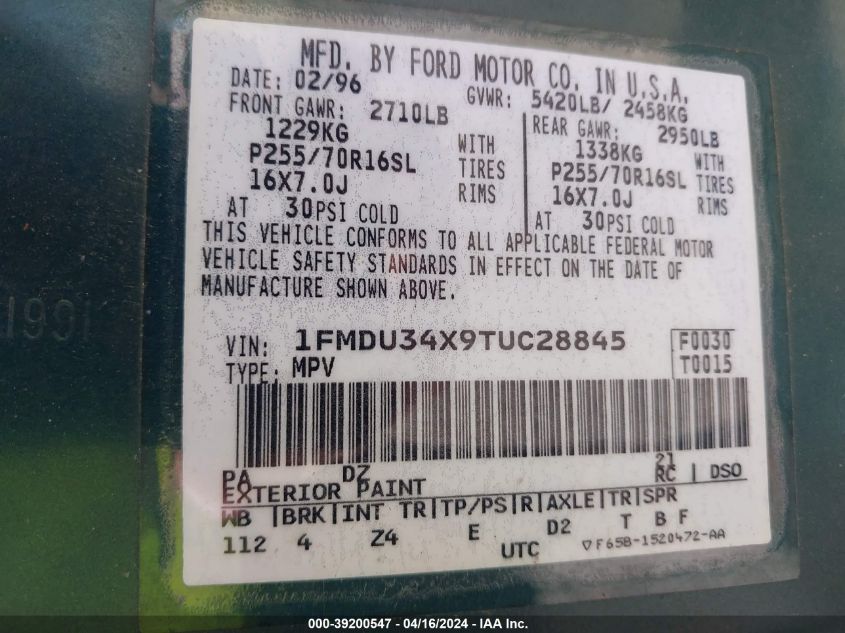 1996 Ford Explorer VIN: 1FMDU34X9TUC28845 Lot: 39722966