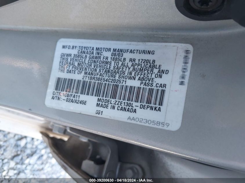 2004 Toyota Corolla Le VIN: 2T1BR38E54C202571 Lot: 39236846