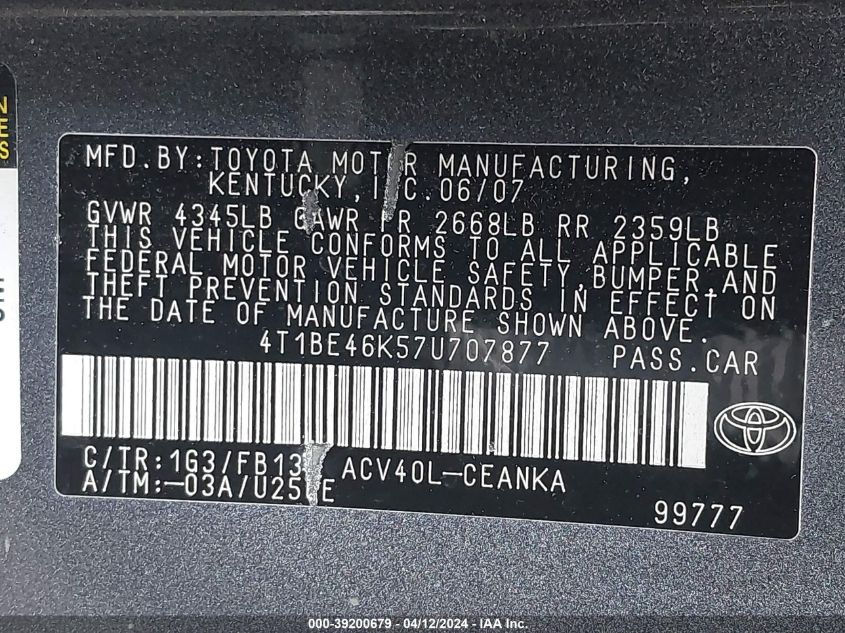 4T1BE46K57U707877 | 2007 TOYOTA CAMRY