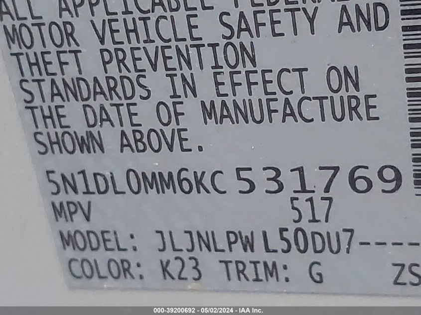 2019 Infiniti Qx60 Pure VIN: 5N1DL0MM6KC531769 Lot: 50405064