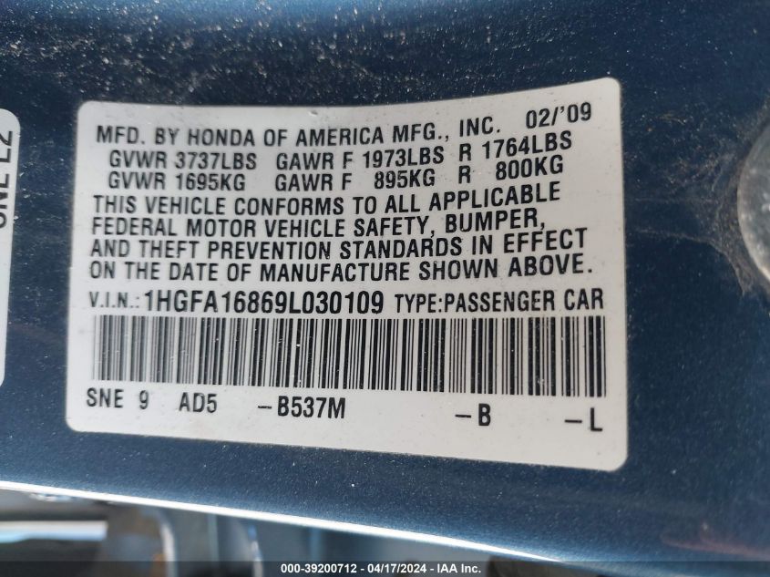 2009 Honda Civic Ex VIN: 1HGFA16869L030109 Lot: 39236278