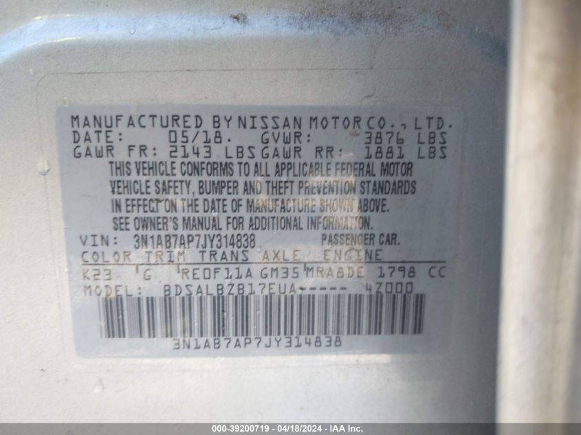 2018 Nissan Sentra S VIN: 3N1AB7AP7JY314838 Lot: 39200719