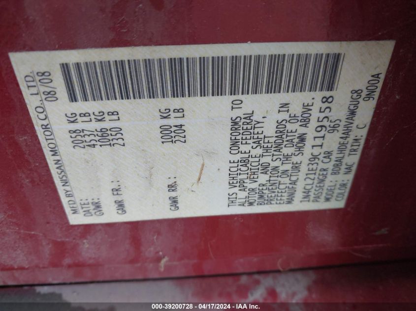 2009 Nissan Altima Hybrid VIN: 1N4CL21E39C119558 Lot: 51779104